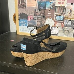 TOMS Black Cork Wedge Shoes